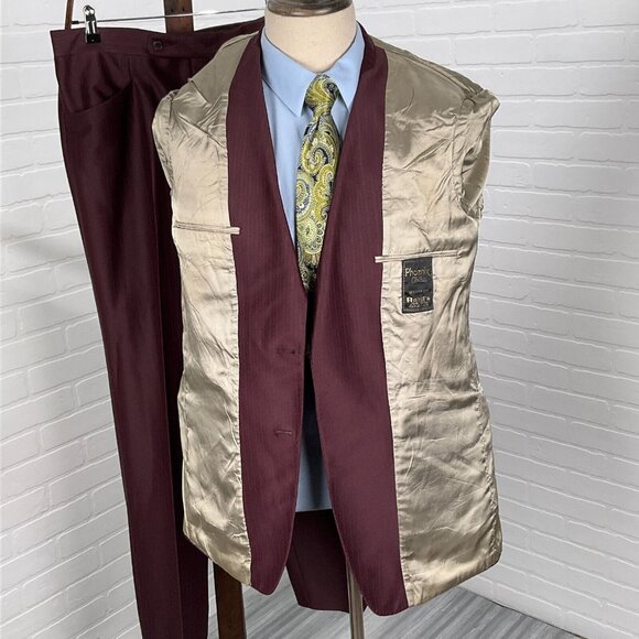 Phoenix Suit Men 42 31Wx31.5L Burgundy Shiny Polyester Stripe 60s-70s VTG USA - Picture 5 of 16